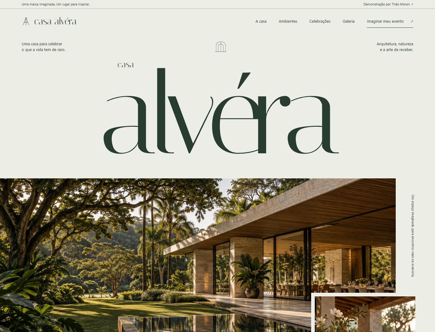 Interface real da Casa Alvéra: tipografia editorial e arquitetura tropical.