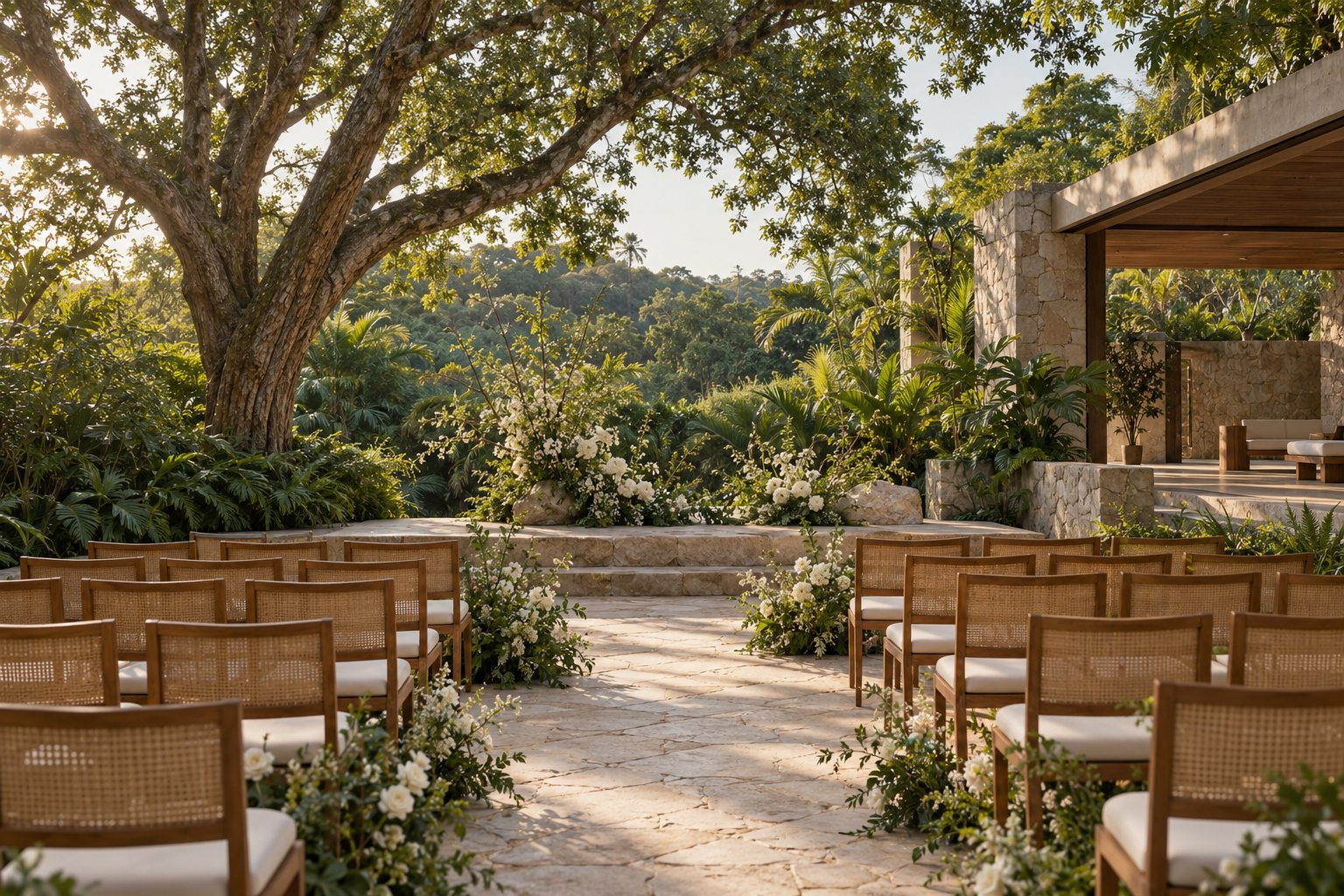 Cerimônia conceitual em jardim tropical, com flores brancas e cadeiras de madeira.