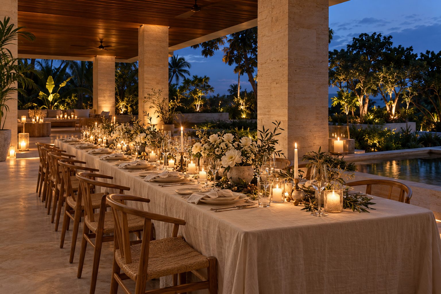 Pavilhão à noite, preparado para um jantar conceitual.