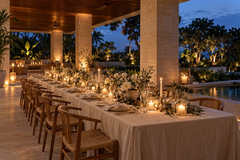 Mesa com flores brancas e velas no pavilhão imaginado.